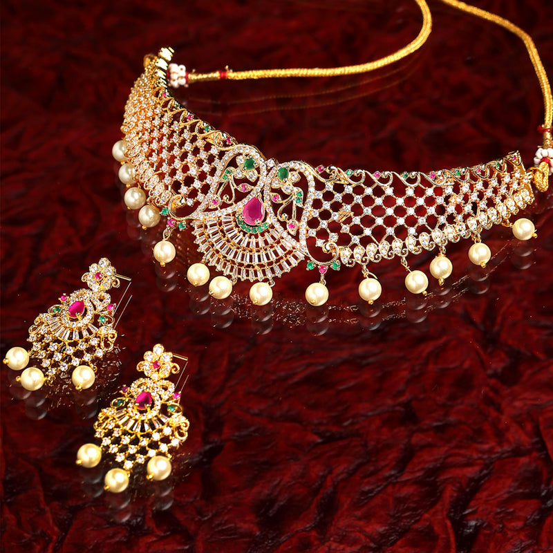 Floral Design Gold-Plated White Red and Green American Diamond-Studded & Drop Pearl Beaded Jewellery Set