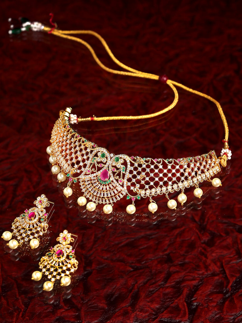 Floral Design Gold-Plated White Red and Green American Diamond-Studded & Drop Pearl Beaded Jewellery Set