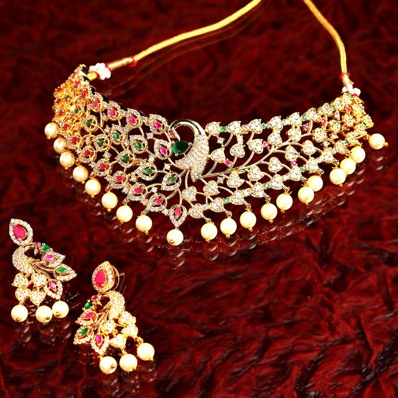 Peacock Design Choker with Gold-Plated Red American Diamond Studded Jewelry Set