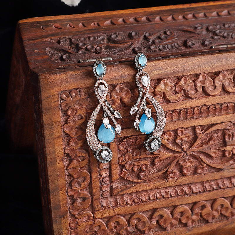 Rose Gold-Plated Gunmetal Toned Blue American Diamond studded Quirky Shaped Drop Earrings