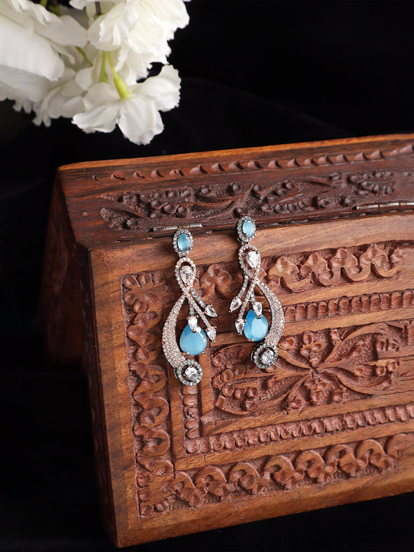 Rose Gold-Plated Gunmetal Toned Blue American Diamond studded Quirky Shaped Drop Earrings