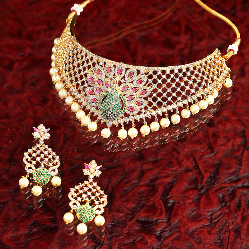 Peacock Design Choker Handcrafted with Gold-Plated Red American Diamond Studded Jewelry Set