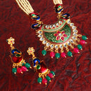 Meenakari Peacock Design Pendant with Multi-Strand Long Gold-Plated White Red Blue and Green Artificial Stones & Beads Studded Jewellery Set