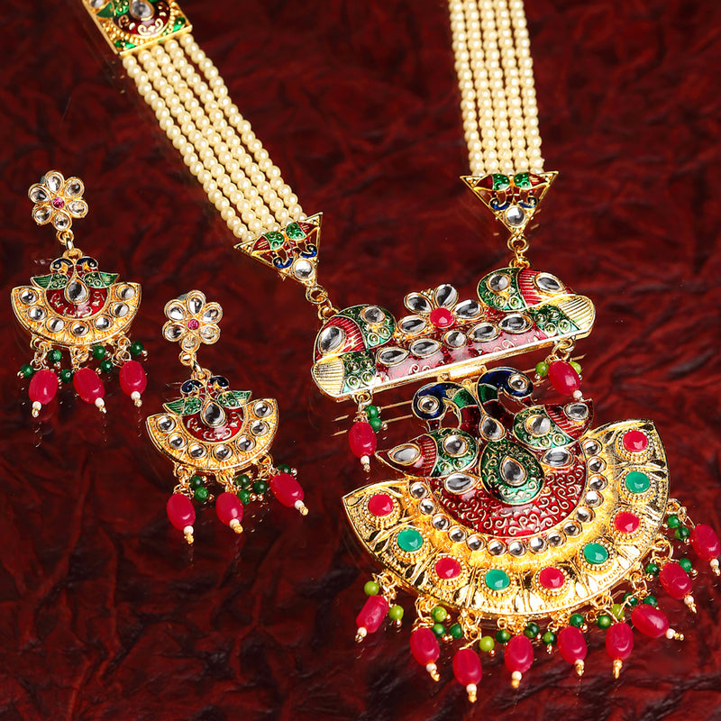 Meenakari Peacock Design Gold-Plated White Red Blue and Green Artificial Beads Studded Jewellery Set
