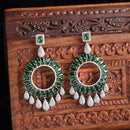 Rhodium-Plated Green American Diamond studded Circular Shape Dangle Earrings