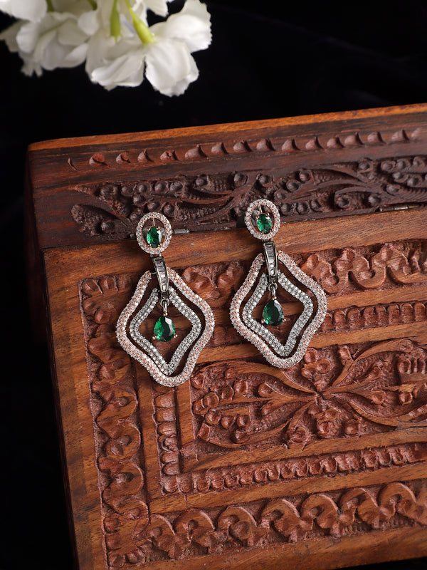 Rose Gold-Plated Gunmetal Toned Green American Diamond studded Layered Drop Earrings