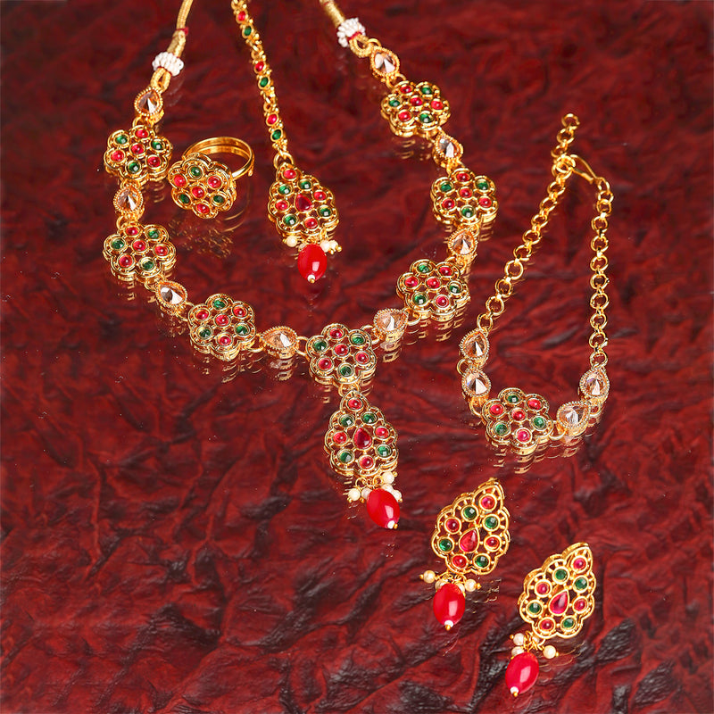 Floral Red Gold-Plated Green Kundan Studded Jewellery Set Combo