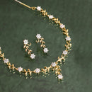 Leafy Design Gold-Plated with Silver-Tone White American Diamond Studded JNecklace with Earrings