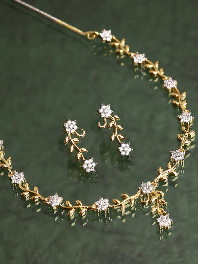Leafy Design Gold-Plated with Silver-Tone White American Diamond Studded JNecklace with Earrings