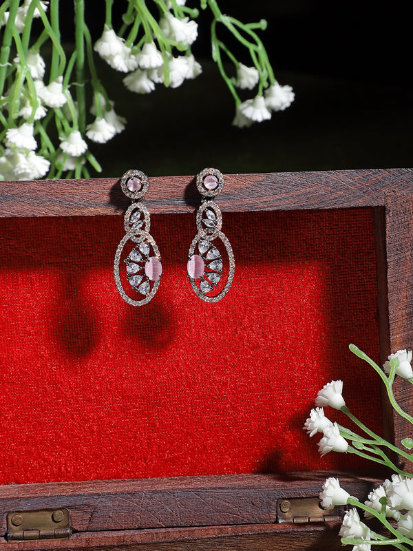 Rose Gold-Plated Gunmetal Toned Pink American Diamond studded Oval & Quirky Shaped Drop Earrings
