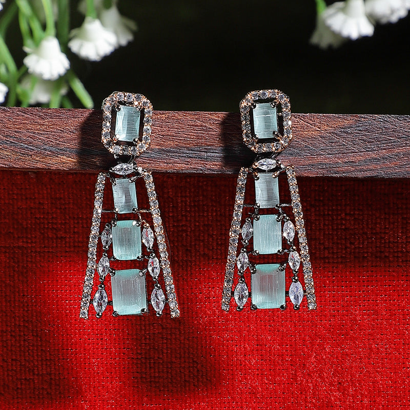 Rose Gold-Plated Gunmetal Toned Sea Green American Diamond studded Contemporary Drop Earrings