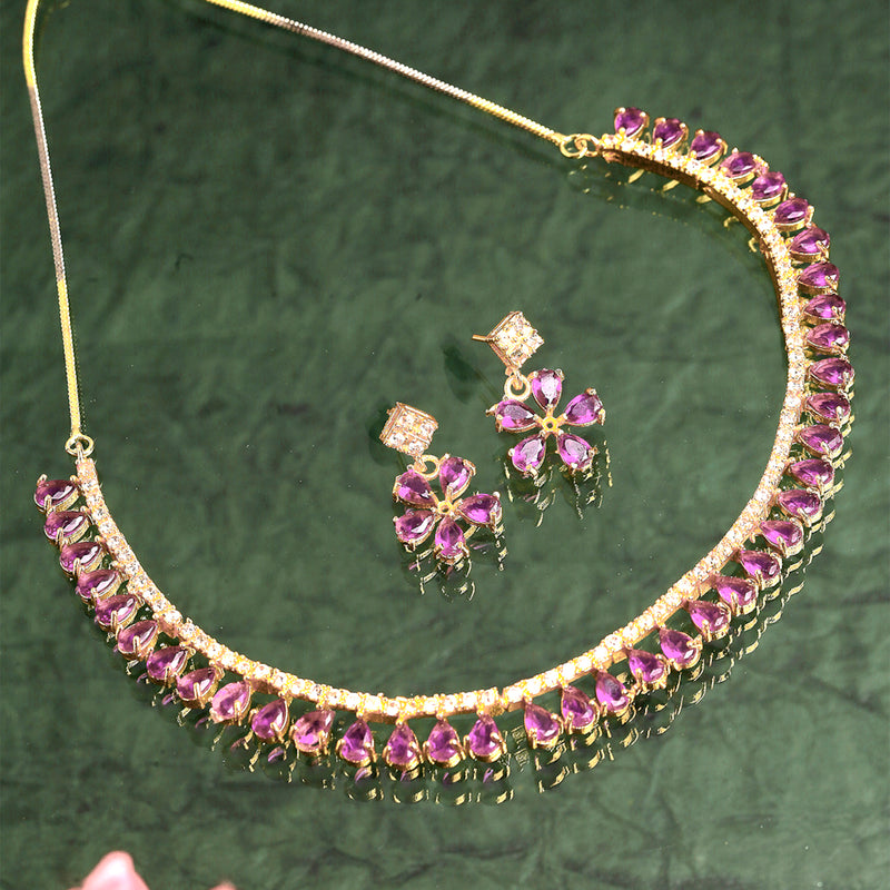 Floral Shaped Gold-Plated Pink American Diamond Studded Necklace Set with Earrings