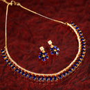 Floral Shaped Gold-Plated Navy Blue American Diamond Studded  Jewellery Set with Earrings