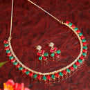 Floral Shaped Gold-Plated Red & Green American Diamond-Studded Necklace Set with Earrings