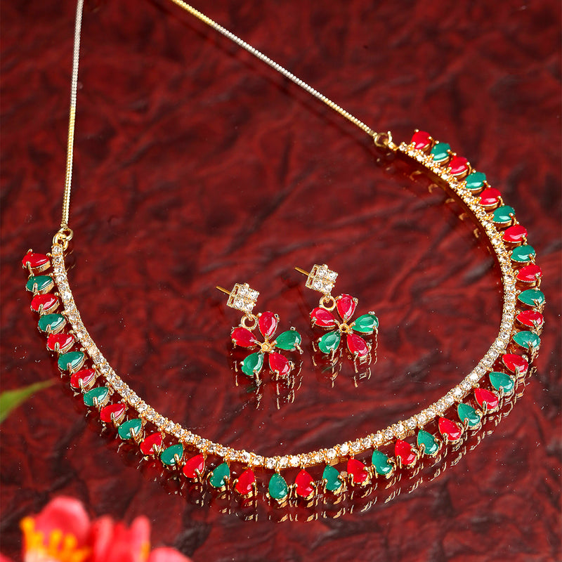 Floral Shaped Gold-Plated Red & Green American Diamond-Studded Necklace Set with Earrings