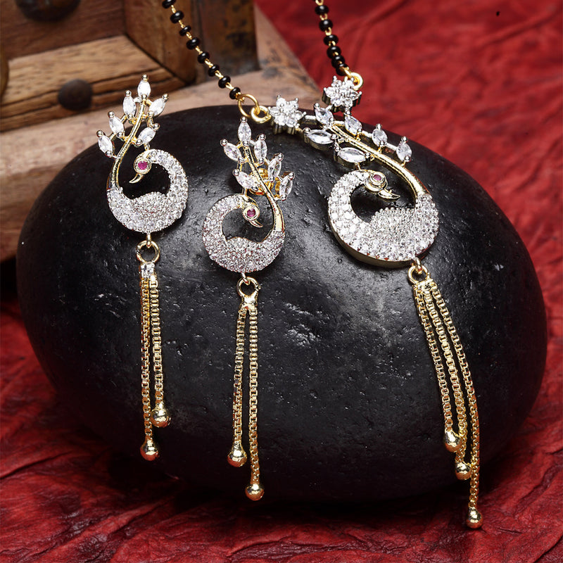 Peacock Design Gold-Plated White & Black Stone Studded & Beaded Mangalsutra Set