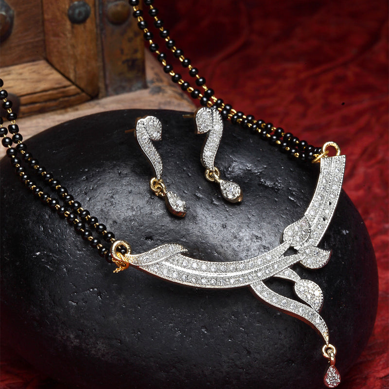 Black Gold-Plated Stone-Studded Leaf Shaped Mangalsutra & Earrings Set