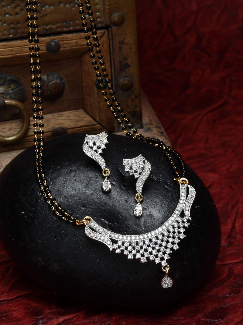 Gold-Plated White & Black Stone-Studded & Beaded Designer Mangalsutra Set