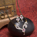 Gold-Plated White & Red AD-Studded & Black Beaded Mangalsutra With Earrings