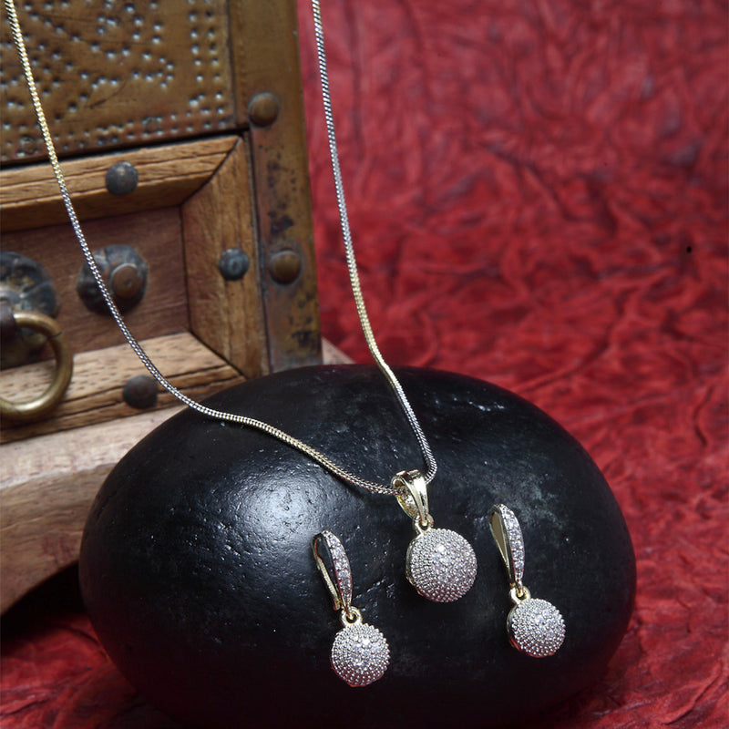 Gold-Plated White Cubic Zirconia Studded Pendant with Chain and Earring