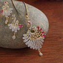 Gold-Plated Peacock Pink & White Cubic Zirconia Stone Studded Pendant Set