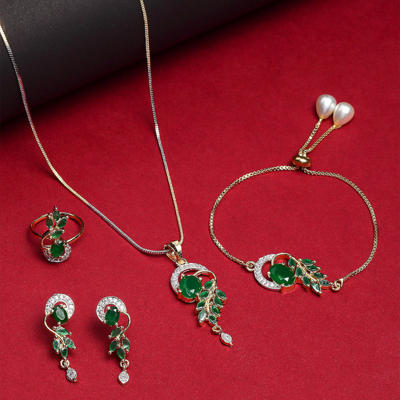 18K Gold-Plated Green Cubic Zirconia Studded Handcrafted Stylish Designed Jewellery Set
