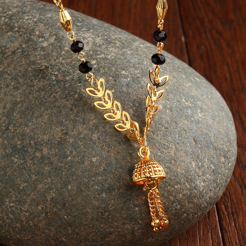 Gold-Plated Brass Black Artificial Beads Studded Floral Mangalsutra