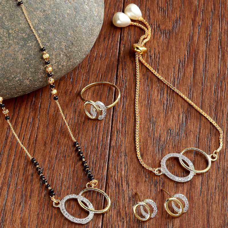 Gold-Plated & White AD-Studded & Beaded Oval Shaped Mangalsutra