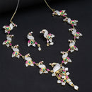 Peacock Shaped Gold-Plated with Silver-Toned Pink and Green American Diamond Studded Handcrafted Jewellery Set