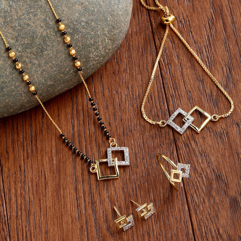Square Shaped Gold-Plated & White AD-Studded & Beaded Mangalsutra Set