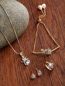Gold Plated White American Diamond Studded Floral Design Pendant Combo Set With Adjustable Bracelet & Ring