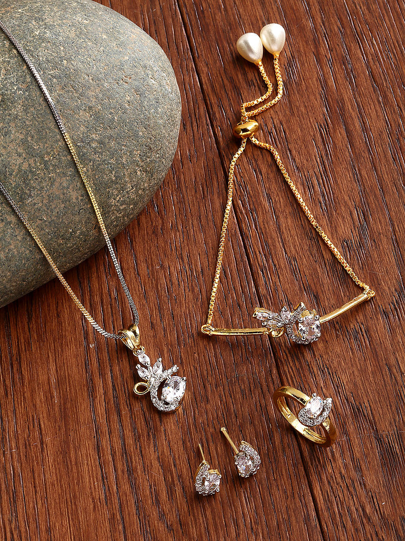 Gold Plated White American Diamond Studded Floral Design Pendant Combo Set With Adjustable Bracelet & Ring