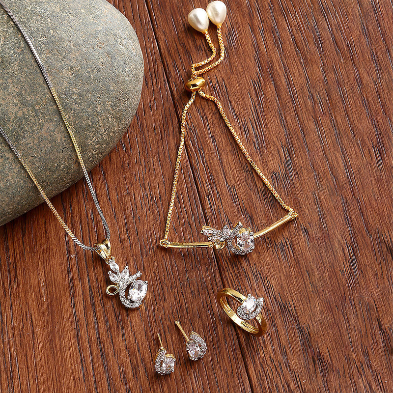 Gold Plated White American Diamond Studded Floral Design Pendant Combo Set With Adjustable Bracelet & Ring