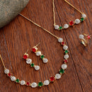 Red & Green Gold-Plated CZ Stone-Studded Jewellery Set Combo