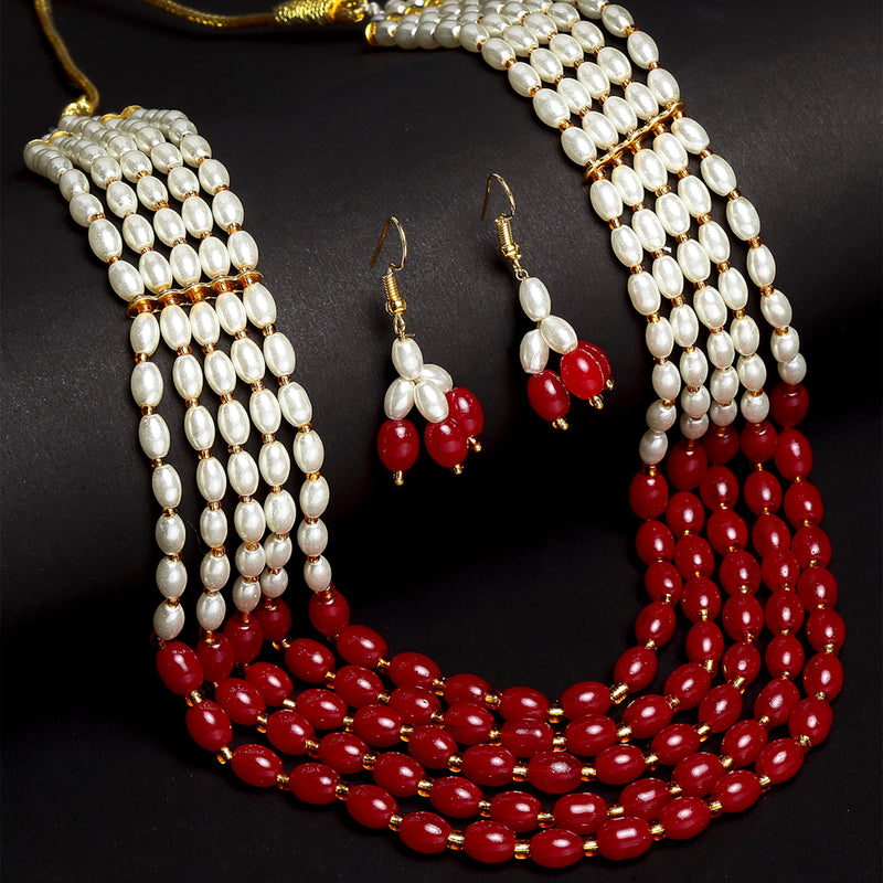 Off White Maroon Beaded Rajasthani Vintage Single String 5 Layered Necklace With Drop Earring Jewellery Set