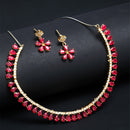 Floral Shaped Gold-Plated Red American Diamond Studded Necklace Set with Earrings