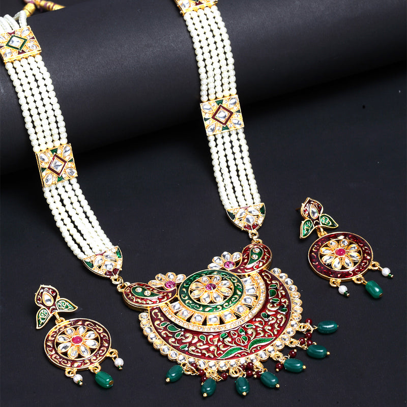 Meenakari Style Gold-Plated White Pearl Beaded Jewellery Set