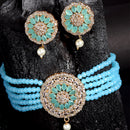 Turqoise Blue Gold-Plated Stone Studded Multistrand Choker Necklace with Earring