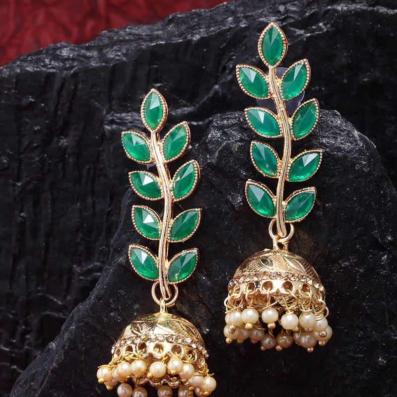 Green Antique Leaf Shaped Gold-Plated Jhumka Earrings