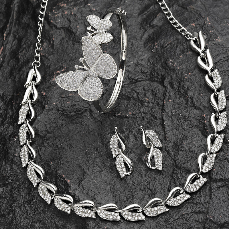 Rhodium Plated Silver Toned Butterfly White Cubic Zirconia Studded Jewellery Set Combo