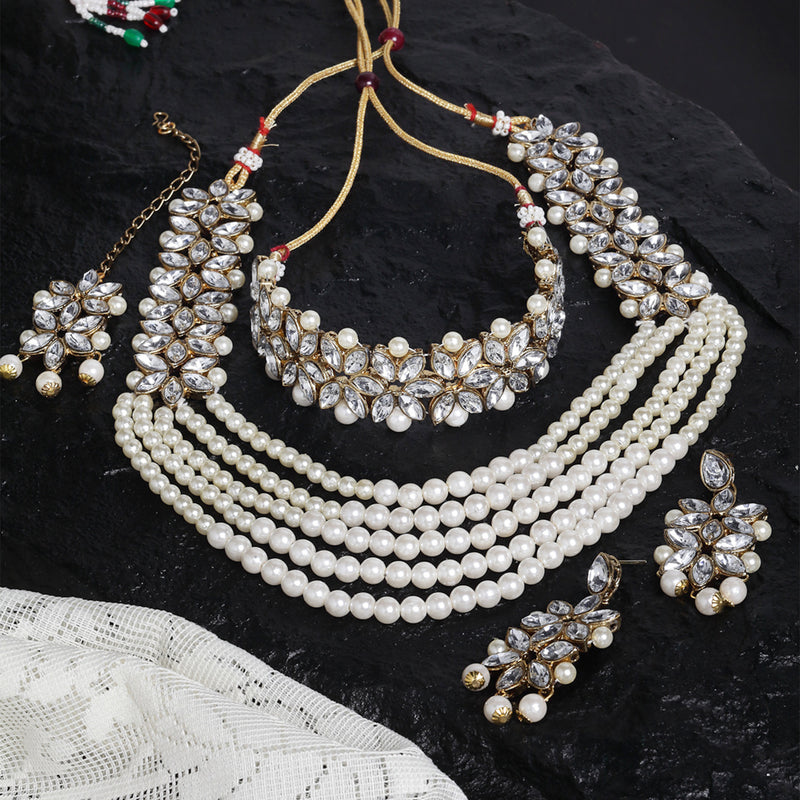 Flower Shaped Gold-Plated & White Kundan-Studded Five Layered Jewellery Set Combo