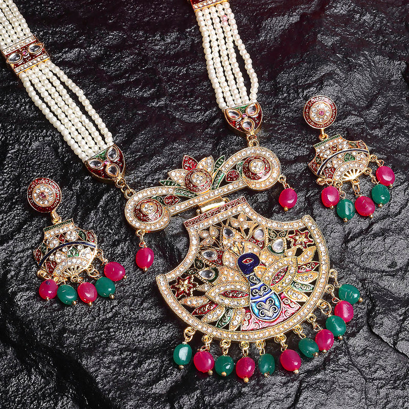 Hyderabadi Peacock Meenakari Style Pink, Green & White Kundan-Studded & Pearl Beaded Gold-Plated Jewellery Set