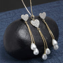 Gold-plated  Pearl Drop Heart White Cubic Zirconia Studded Pendant Set