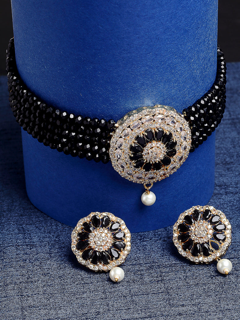 Black & White Gold-Plated American Diamond Studded Choker Necklace Set
