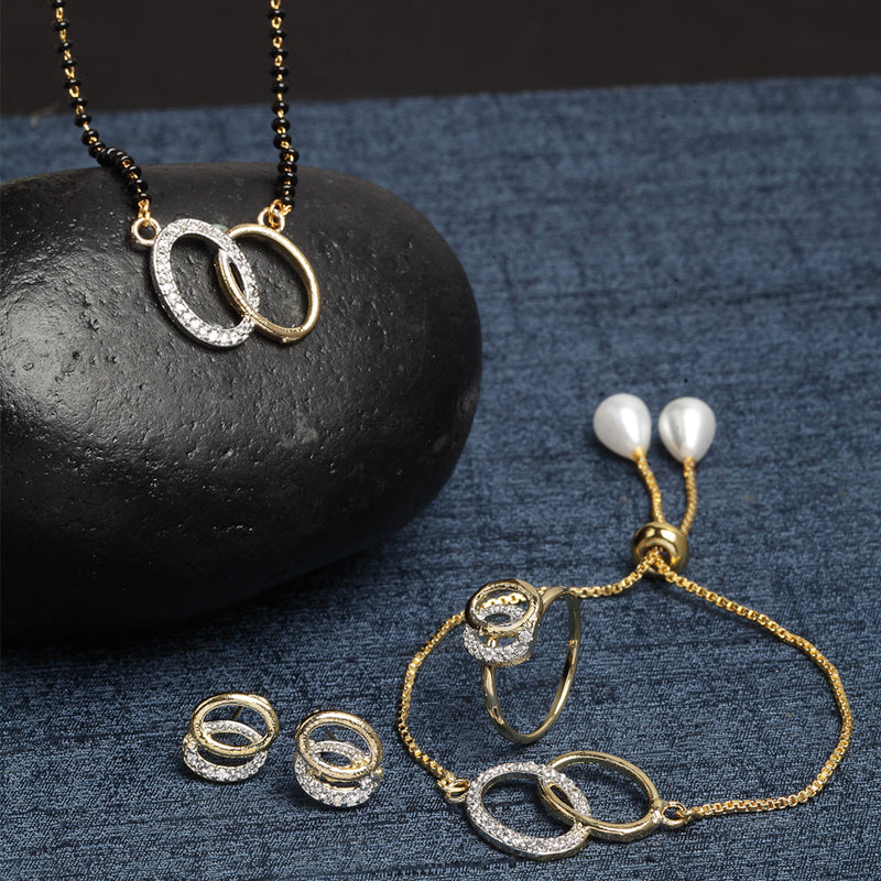 Oval Shaped Gold-Plated & White AD-Studded & Beaded  Mangalsutra