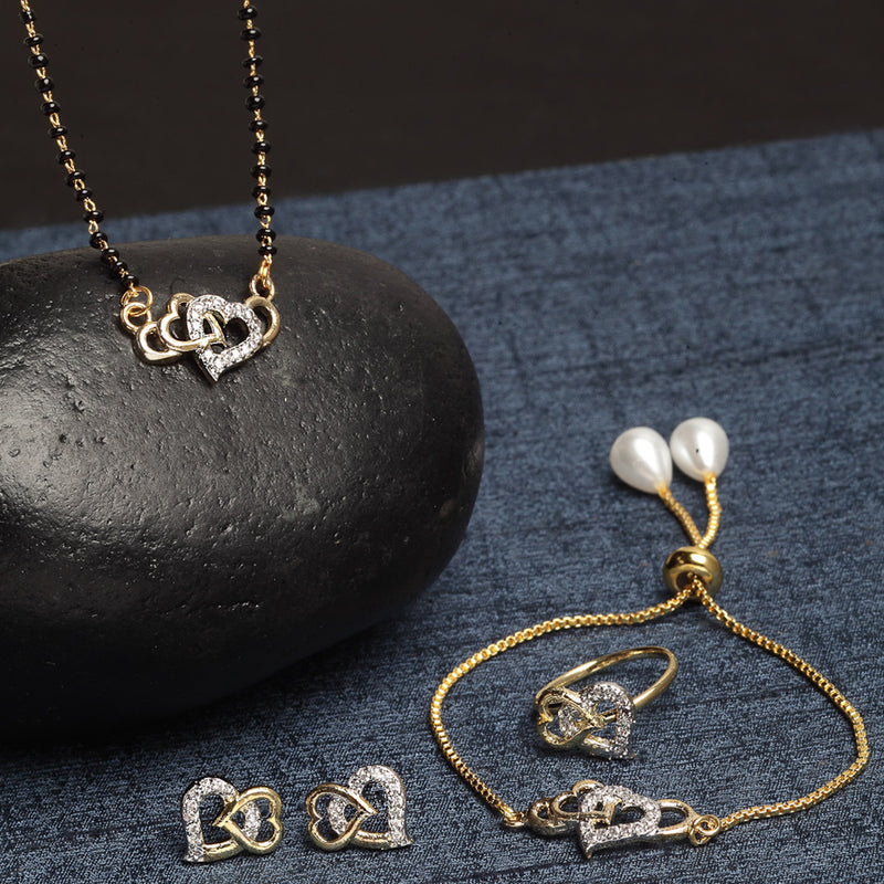 Gold-Plated & White AD-Studded & Beaded Heart Shaped Mangalsutra Set