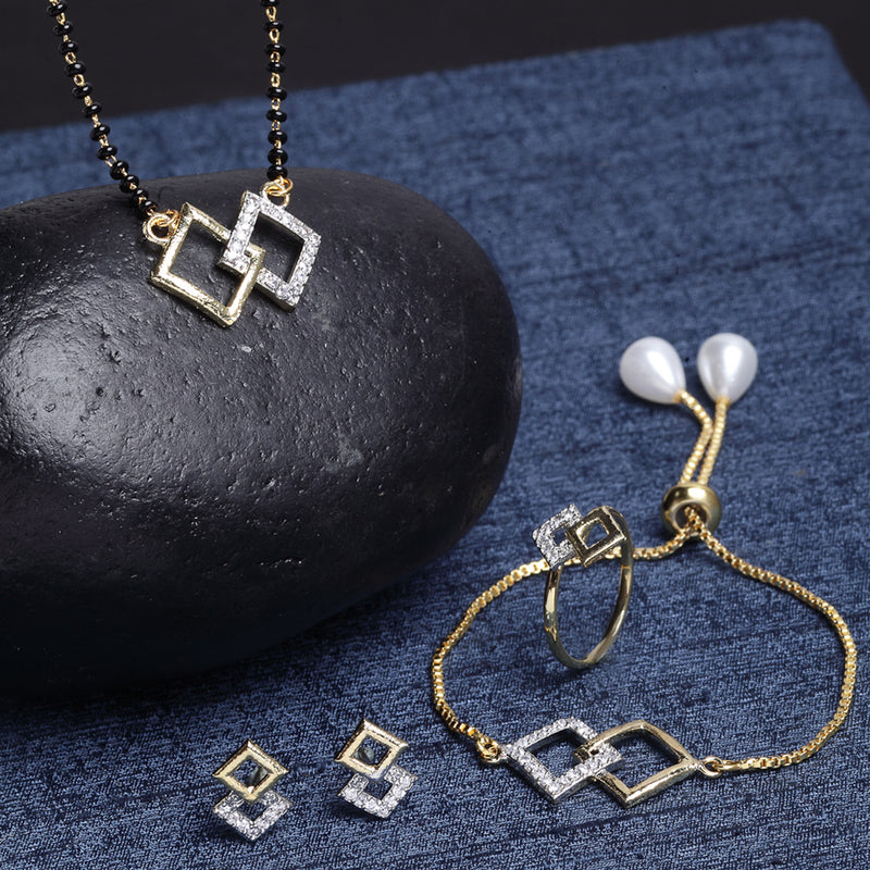 Gold-Plated & White AD-Studded & Beaded Square Shaped Mangalsutra Set