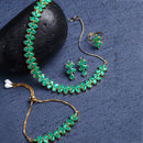 Flower Shaped Green & Gold Plated American Diamond Studded Handcrafted Jewellery Set Combo