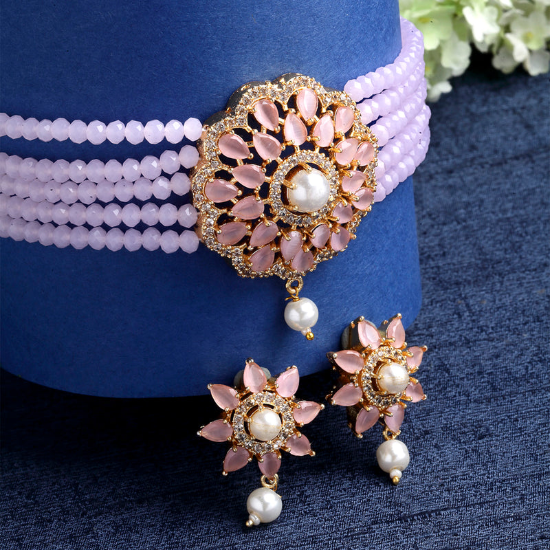 Multi-String Gold-Plated Pink & White Kundan Studded & Beaded Floral Shaped Choker Jewellery Set