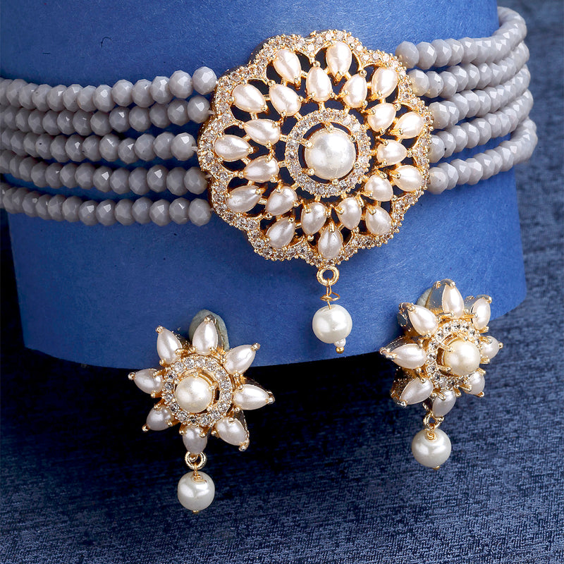 Grey Gold-plated Kundan Studded & Beaded Multistrand Choker Necklace Jewellery Set